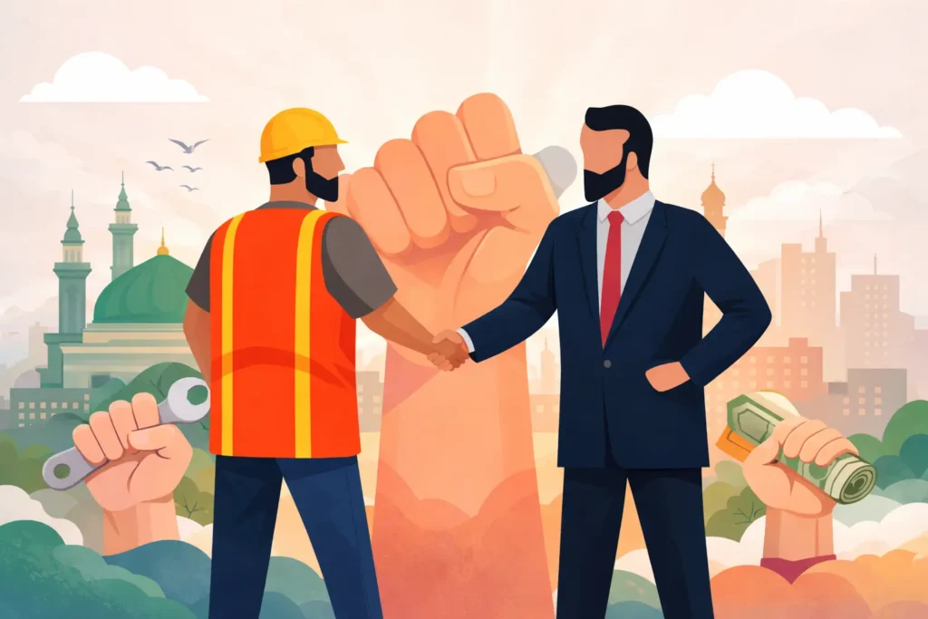 ইসলামে মালিক-শ্রমিক সম্পর্কের প্রতীকী চিত্র যেখানে একজন শ্রমিক ও মালিক করমর্দনের মাধ্যমে পারস্পরিক সম্মান ও মানবিক সম্পর্ক প্রকাশ করছে।