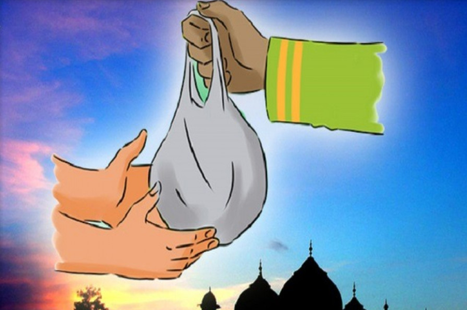 রিজিক বাড়ানোর আমল হিসেবে সদকা করার দৃশ্য, যেখানে একজন মানুষ অন্যের হাতে সাহায্য তুলে দিচ্ছেন, দান ও সদকার মাধ্যমে রিজিকে বরকত লাভের প্রতীক