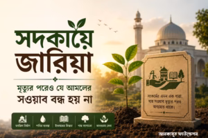 সদকায়ে জারিয়া নিয়ে ইসলামিক বাংলা ডিজাইন, যেখানে মসজিদ, গাছের চারা ও দান-সদকার প্রতীকী দৃশ্যের মাধ্যমে মৃত্যুর পরও চলমান সওয়াবের ধারণা তুলে ধরা হয়েছে