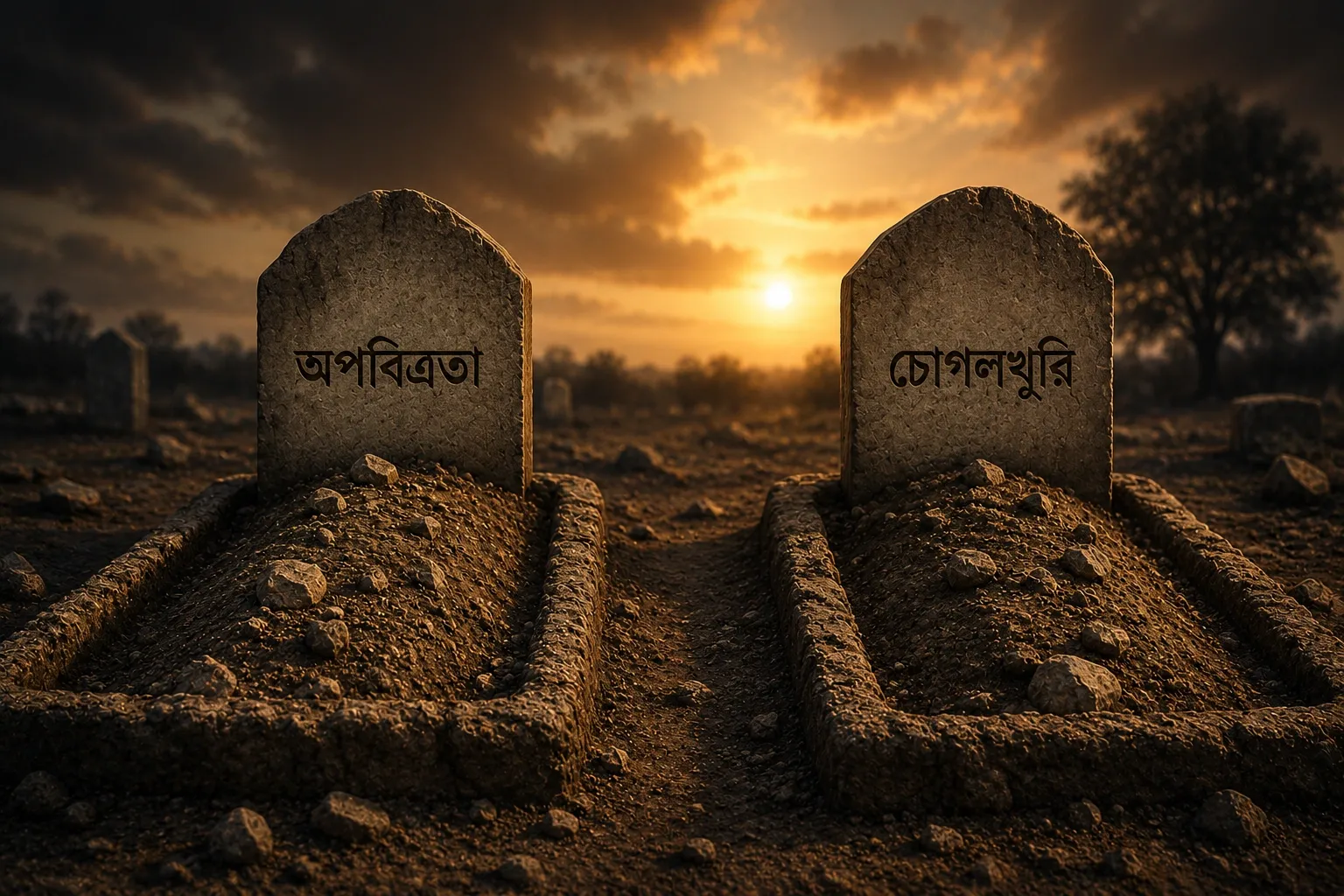 অপবিত্রতা ও চোগলখুরির কারণে কবরের আযাব এর প্রতীক হিসেবে দুটি কবরের দৃশ্য
